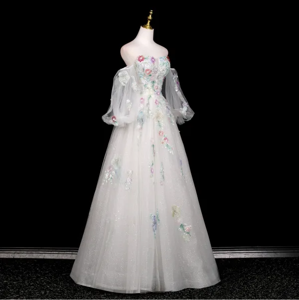 Schöne Weiß Perlenstickerei Applikationen Pailletten Ballkleider 2025 Ballkleid Off Shoulder Kurze Ärmel Rückenfreies Lange Festliche Kleider