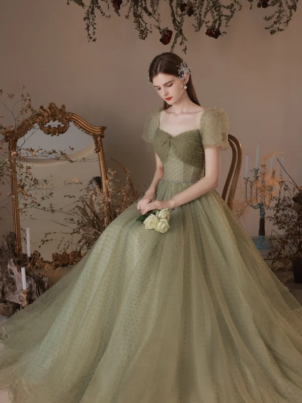 Modest / Simple Clover Green Spotted Prom Dresses 2023 A-Line / Princess Square Neckline Short Sleeve Backless Floor-Length / Long Prom Formal Dresses