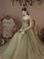 Modest / Simple Clover Green Spotted Prom Dresses 2023 A-Line / Princess Square Neckline Short Sleeve Backless Floor-Length / Long Prom Formal Dresses
