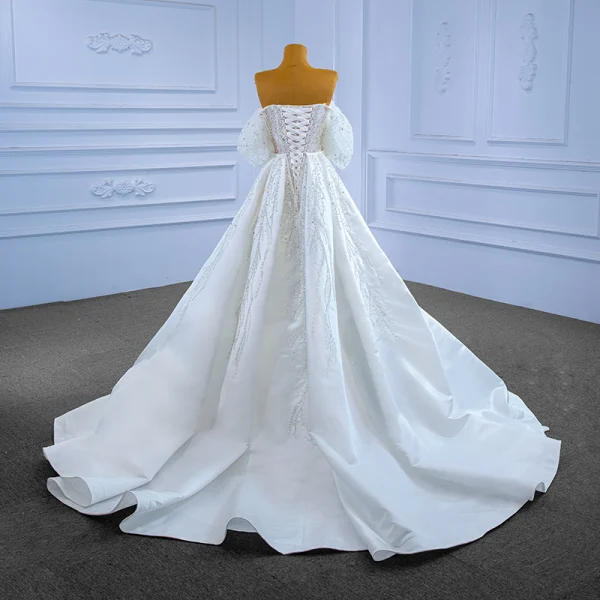 Charming White Trumpet / Mermaid Wedding Dresses 2022 Off-The-Shoulder Puffy Short Sleeve Backless Beading Pearl Sequins Floor-Length / Long Wedding