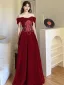 Elegant Burgundy Pearl Velvet Prom Dresses 2025 A-Line / Princess Off-The-Shoulder Short Sleeve Backless Floor-Length / Long Prom Formal Dresses