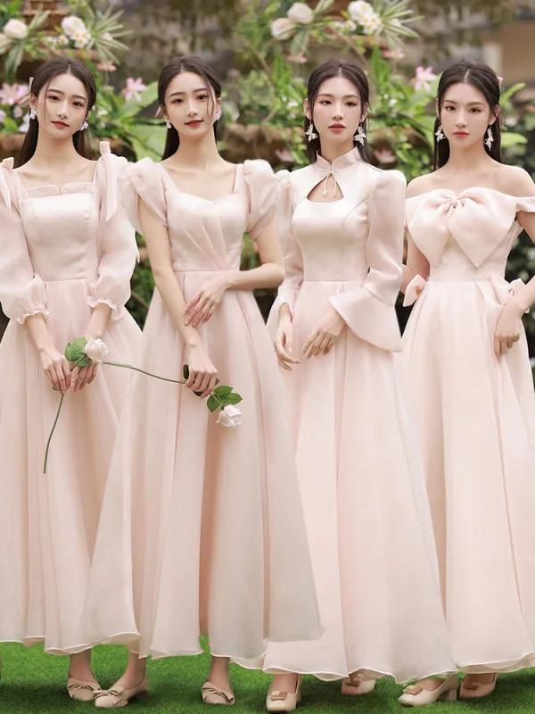 Modest / Simple Blushing Pink Bridesmaid Dresses 2022 A-Line / Princess Backless Bow Floor-Length / Long Bridesmaid Wedding Party Dresses