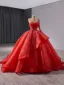 Luxe Rouge Fait main Perlage Robe De Bal 2024 Robe Boule Une épaule Manches Longues Dos Nu Train De Balayage Promo Robe De Ceremonie
