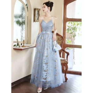 Charmant Bleu Ciel Paillettes Robe De Bal 2023 Princesse Bretelles Spaghetti Sans Manches Dos Nu Noeud Ceinture Longue Promo Robe De Ceremonie
