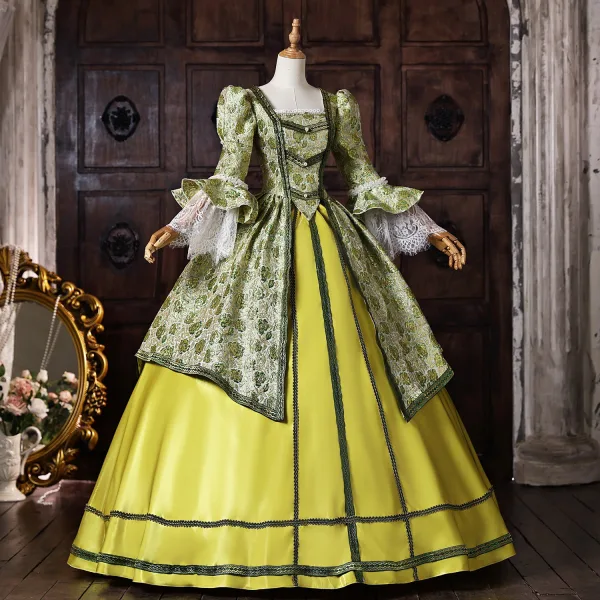 Vintage / Originale Médiévale Inhabituel Vert Cendré En Dentelle Fleur Impression Robe De Bal 2026 Robe Boule Encolure Carrée Manches de cloche Dos Nu Longue Robe De Ceremonie
