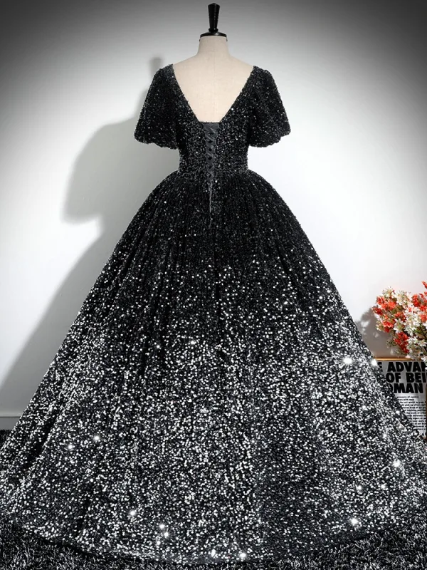 Glitzernden Schwarz Pailletten Ballkleid Ballkleider 2024 Eckiger Ausschnitt Kurze Ärmel Rückenfreies Lange Ball Festliche Kleider
