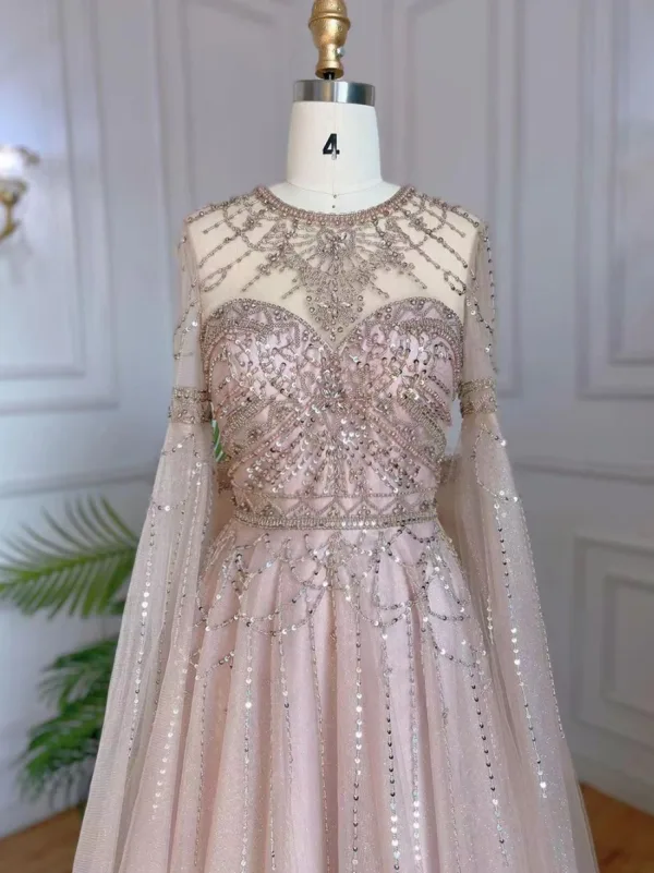 Haut de Gamme Bleu Ciel Fait main Perlage Paillettes Robe De Soirée 2023 Princesse Encolure Dégagée Manches Longues Noeud Soirée Train De Balayage Robe De Ceremonie