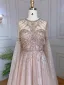 Haut de Gamme Bleu Ciel Fait main Perlage Paillettes Robe De Soirée 2023 Princesse Encolure Dégagée Manches Longues Noeud Soirée Train De Balayage Robe De Ceremonie