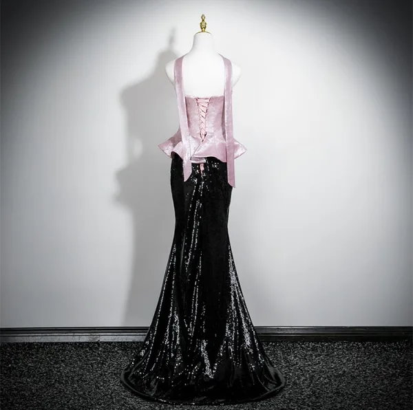 Charmant Rosa Pailletten Partykleider 2025 Meerjungfrau Bandeau Ärmellos Rückenfreies Sweep / Pinsel Zug Cocktail Abend Festliche Kleider