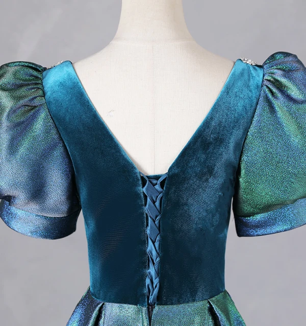 Vintage / Retro Green Prom Dresses 2024 A-Line / Princess Square Neckline Puffy Short Sleeve Backless Floor-Length / Long Prom Formal Dresses