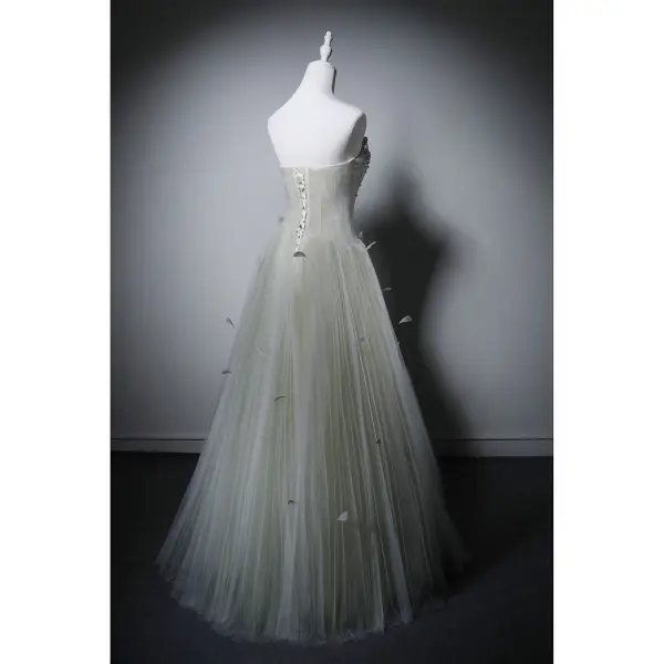 Charmant Vert Cendré Perlage Paillettes Robe De Soirée 2026 Princesse Bustier Sans Manches Dos Nu Longue Robe De Ceremonie