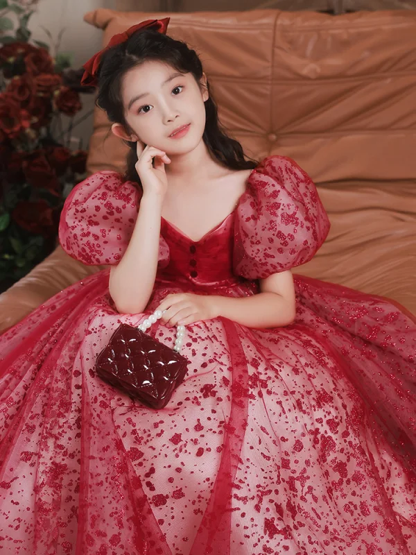 Chic / Beautiful Red Sequins Evening Party Flower Girl Dresses 2022 A-Line / Princess V-Neck Puffy Short Sleeve Floor-Length / Long Flower Girl Dresses