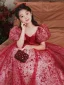 Chic / Beautiful Red Sequins Evening Party Flower Girl Dresses 2022 A-Line / Princess V-Neck Puffy Short Sleeve Floor-Length / Long Flower Girl Dresses