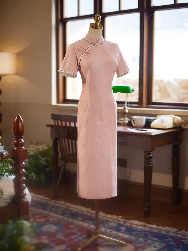 Chinese style Blushing Pink Evening Party Cheongsam 2025 Trumpet / Mermaid High Neck Short Sleeve Tea-length