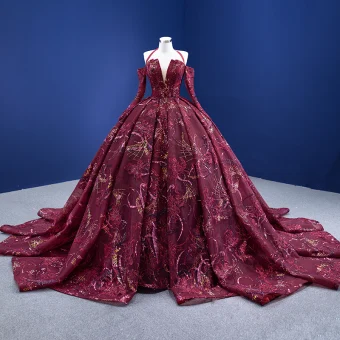 Haut De Gamme Vintage Originale Bordeaux Fait Main Paillettes En Dentelle Fleur Robe De Bal 2023 Robe Boule Titulaire 3 4 Manches Dos Nu Chapel Train Robe De Ceremonie