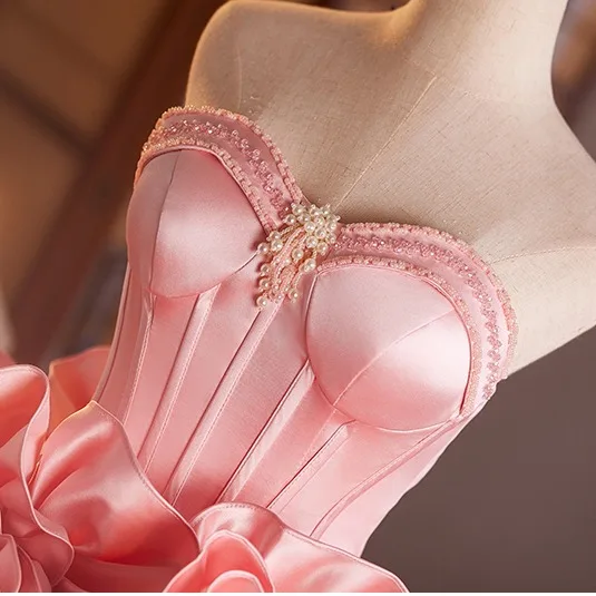 Lovely Candy Pink Beading Pearl Ruffle Flower Prom Dresses 2025 Ball Gown Strapless Sleeveless Backless Floor-Length / Long Prom Formal Dresses