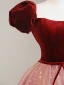 Élégant Bordeaux Paillettes Robe De Bal 2023 Princesse Bretelles Spaghetti Gonflée Manches Courtes Noeud Ceinture Dos Nu Longue Robe De Ceremonie