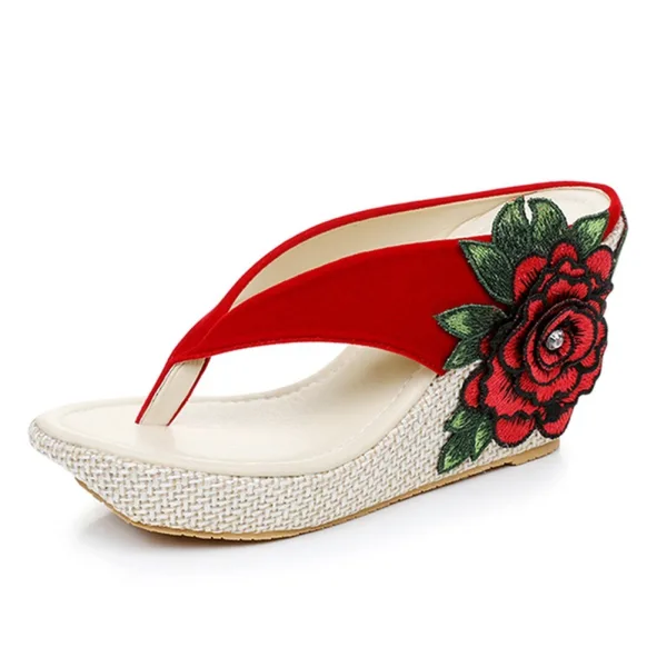 Böhmen Rot Sommer Strand Stickerei Blumen Sandalen Damen 2024 9 cm Keilabsatz Peeptoes Sandaletten