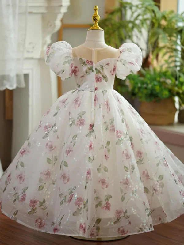 Flower Fairy White Star Sequins Printing Birthday Flower Girl Dresses 2023 Ball Gown Scoop Neck Puffy Short Sleeve Floor-Length / Long