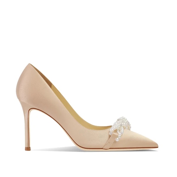 Charmant Schwarz Perle Abend Pumps 2024 Leder 8 cm Stilettos Spitzschuh Pumps Hochhackige