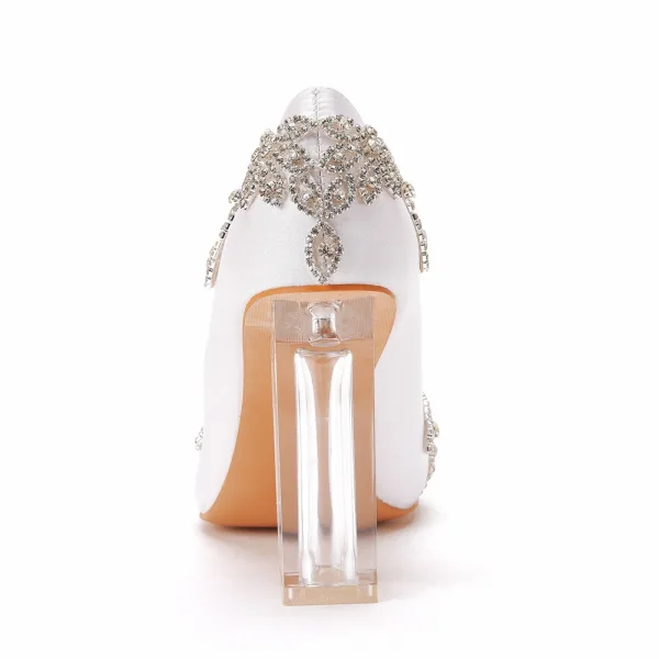 Charmant Blanche Faux Diamant Chaussure De Mariée 2022 9 cm Cristal Talons Épais À Bout Pointu Mariage Escarpins Talons Hauts