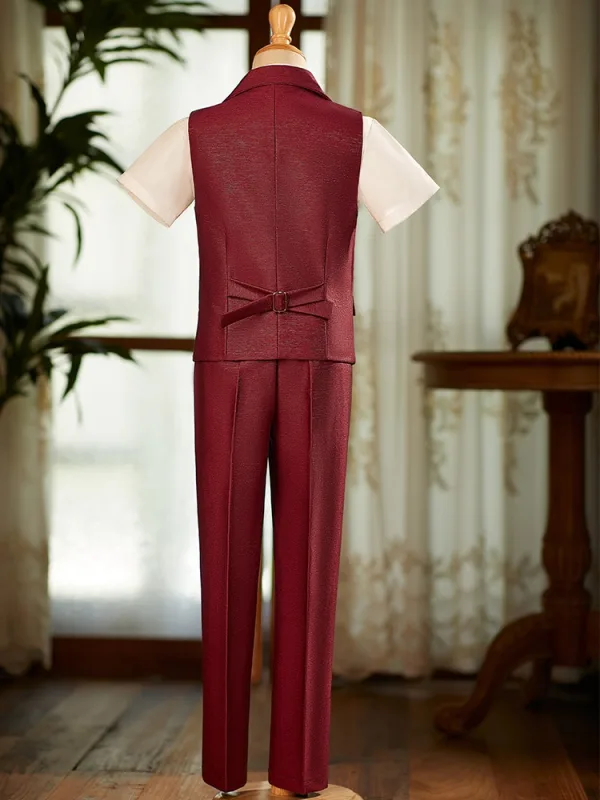 Burgundy Short Sleeve 4-piece Boys Wedding Suits 2025 Pants Shirt Tie Vest