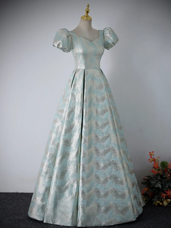 Fashion Mint Green Prom Dresses 2024 A-Line / Princess V-Neck Puffy Short Sleeve Backless Bow Floor-Length / Long Prom Formal Dresses