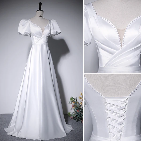 Elegant Ivory Satin Prom Dresses 2022 A-Line / Princess V-Neck Short Sleeve Backless Floor-Length / Long Prom Formal Dresses