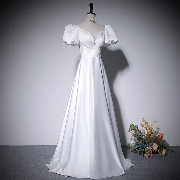 Elegant Ivory Satin Prom Dresses 2022 A-Line / Princess V-Neck Short Sleeve Backless Floor-Length / Long Prom Formal Dresses