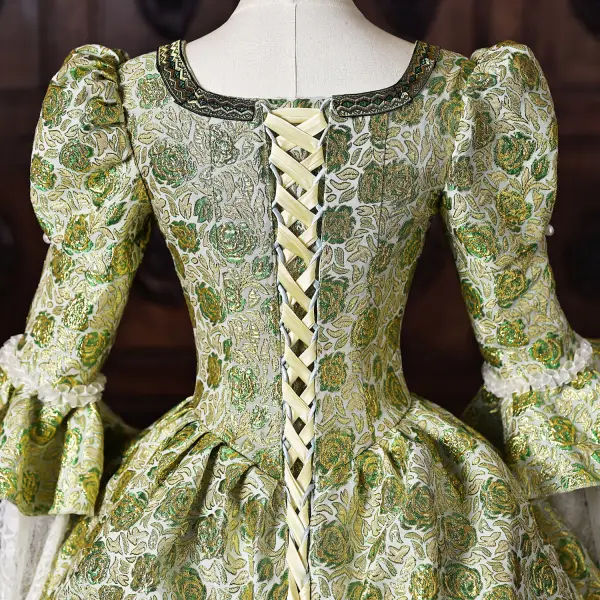 Vintage / Originale Médiévale Inhabituel Vert Cendré En Dentelle Fleur Impression Robe De Bal 2026 Robe Boule Encolure Carrée Manches de cloche Dos Nu Longue Robe De Ceremonie