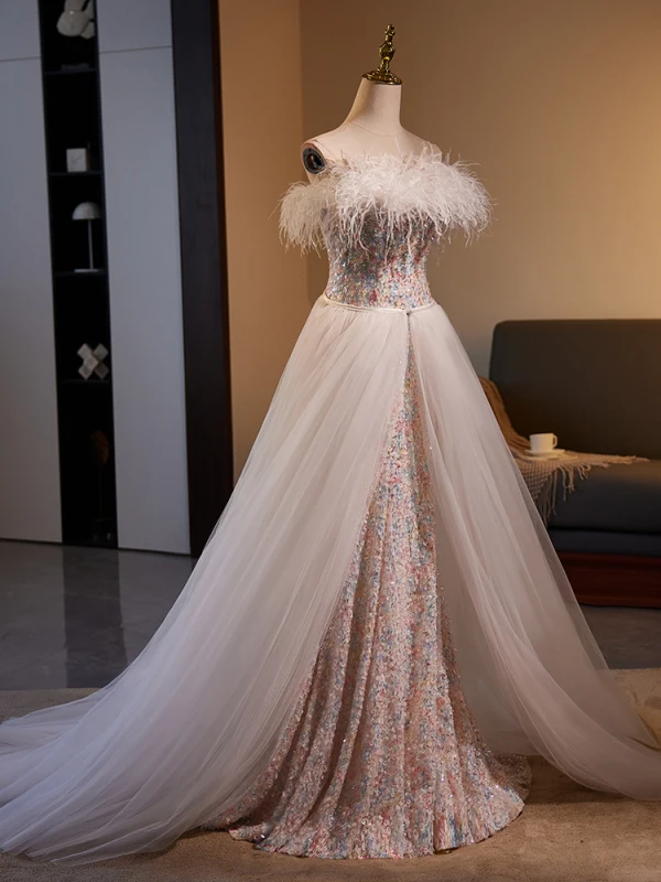 Haut de Gamme Charmant Champagne Impression Robe De Bal 2024 Trompette / Sirène Bustier Gland Sans Manches Dos Nu Train De Balayage Promo Robe De Ceremonie
