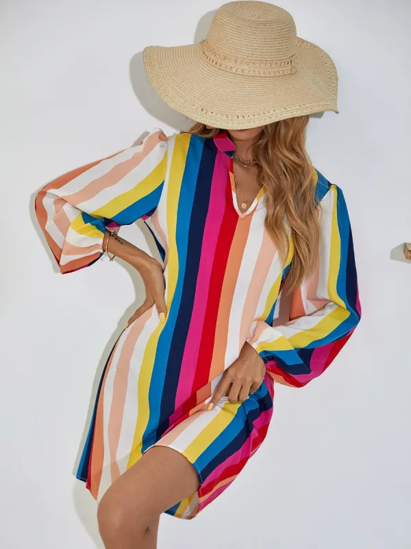 Loose Women Multi-Colors Rainbow Dresses 2021 Stripe V-Neck Smock Tops Long Sleeve Street Wear