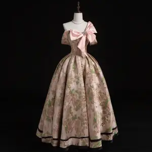 Medieval Blushing Pink Printing Prom Dresses 2022 Satin Ball Gown One Shoulder Bow Rhinestone Short Sleeve Backless Floor Length Long Formal Dresses