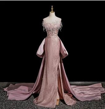 Sexy Rougissant Rose Perlage Faux Diamant Paillettes Gland Robe De Soirée 2025 Trompette Sirène Bustier Sans Manches Dos Nu Noeud Tribunal Train Soirée