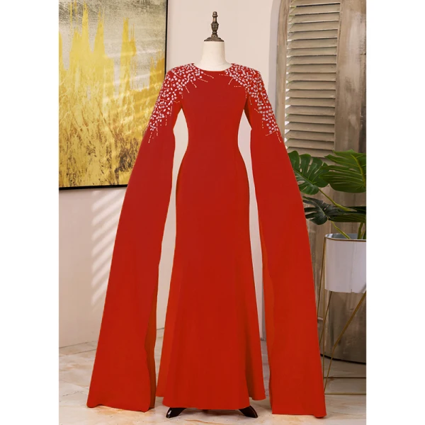 Vintage / Retro Yellow Rhinestone Prom Dresses 2024 Trumpet / Mermaid Scoop Neck Long Sleeve Floor-Length / Long Formal Dresses