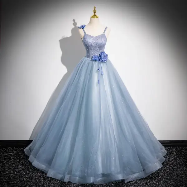 Elegant Sky Blue Pearl Appliques Prom Dresses 2024 Ball Gown Spaghetti Straps Sleeveless Backless Floor-Length / Long Prom Formal Dresses