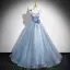 Elegant Sky Blue Pearl Appliques Prom Dresses 2024 Ball Gown Spaghetti Straps Sleeveless Backless Floor-Length / Long Prom Formal Dresses