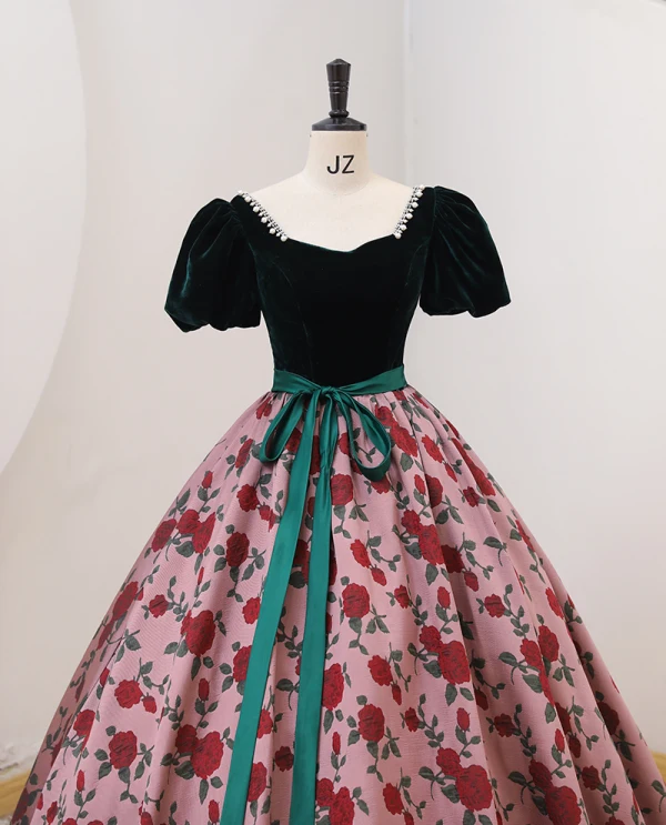 Chic / Belle Vert Foncé Impression Robe De Bal 2022 Robe Boule Encolure Carrée Manches Courtes Dos Nu Noeud Ceinture Longue Promo Robe De Ceremonie