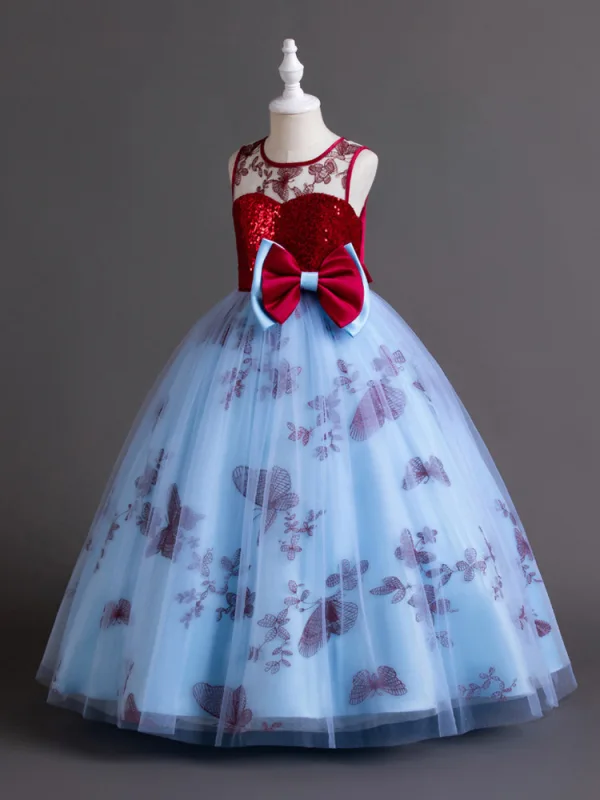 Chic / Beautiful Sky Blue Lace Flower Sequins Flower Girl Dresses 2024 Ball Gown Birthday Sleeveless Scoop Neck Bow Floor-Length / Long
