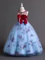 Chic / Beautiful Sky Blue Lace Flower Sequins Flower Girl Dresses 2024 Ball Gown Birthday Sleeveless Scoop Neck Bow Floor-Length / Long