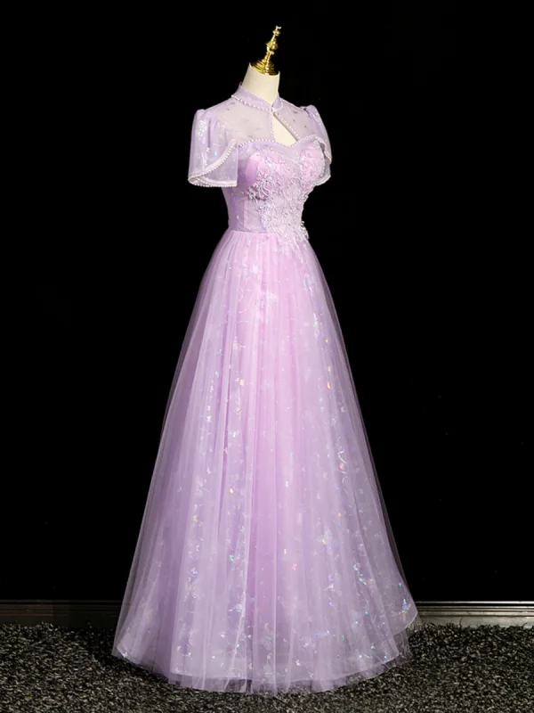 Chic / Beautiful Lilac Beading Pearl Sequins Prom Dresses 2023 A-Line / Princess High Neck Short Sleeve Floor-Length / Long Prom Formal Dresses