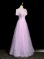 Chic / Beautiful Lilac Beading Pearl Sequins Prom Dresses 2023 A-Line / Princess High Neck Short Sleeve Floor-Length / Long Prom Formal Dresses