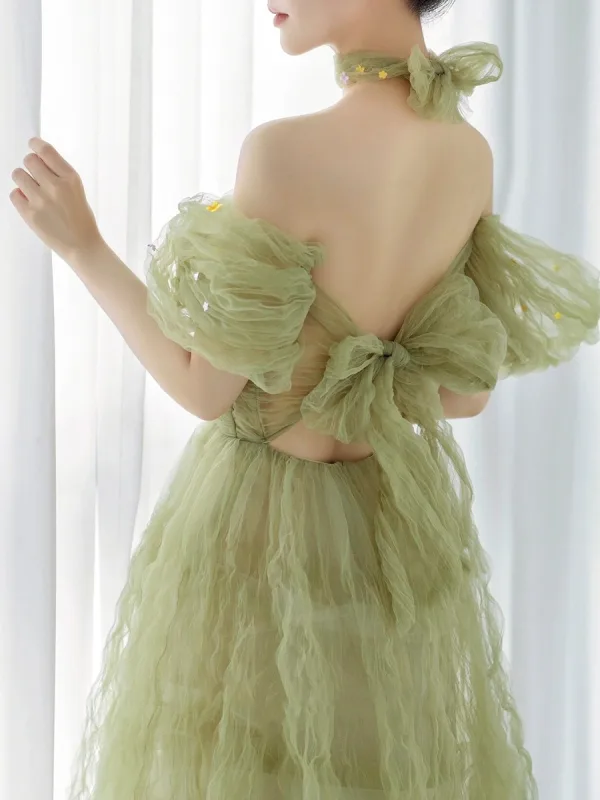 Fashion Sage Green Sequins Ruffle Prom Dresses 2025 A-Line / Princess Off-The-Shoulder Short Sleeve Backless Floor-Length / Long Prom Formal Dresses