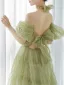 Fashion Sage Green Sequins Ruffle Prom Dresses 2025 A-Line / Princess Off-The-Shoulder Short Sleeve Backless Floor-Length / Long Prom Formal Dresses