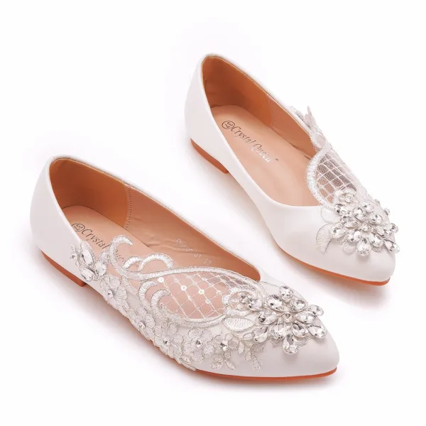 Proste / Simple Białe Rhinestone Z Koronki Kwiat Płaskie Buty Ślubne 2023 Szpiczaste Buty Ślubne