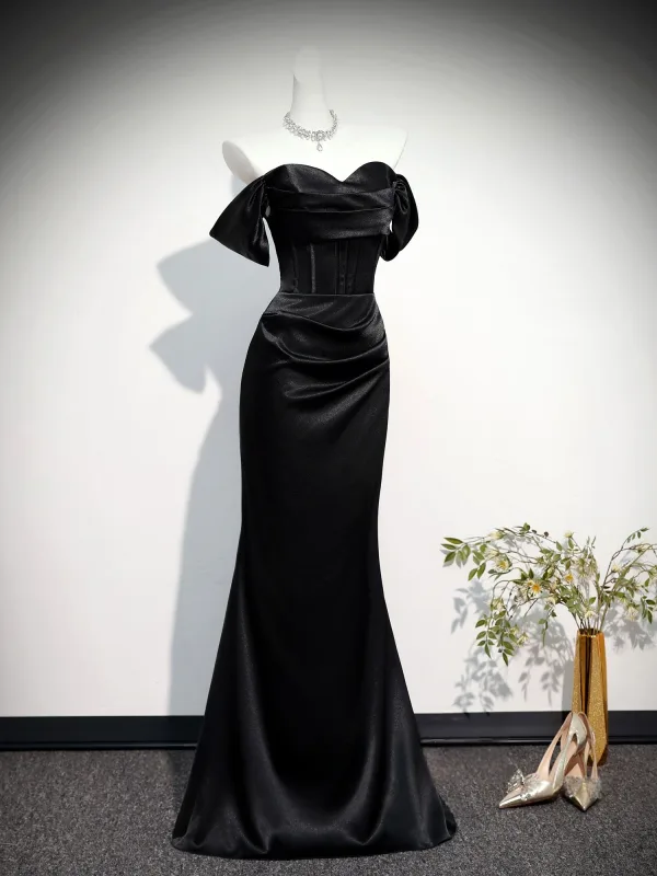 Chic / Beautiful Black Evening Dresses 2026 Trumpet / Mermaid Off-The-Shoulder Short Sleeve Backless Floor-Length / Long Formal Dresses
