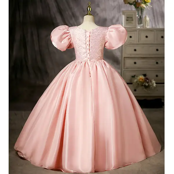 Lovely Candy Pink Beading Sequins Birthday Flower Girl Dresses 2022 Ball Gown Scoop Neck Puffy Short Sleeve Floor-Length / Long Flower Girl Dresses