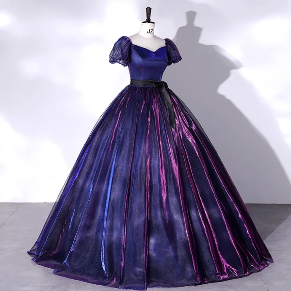 Vintage / Retro Navy Blue Gradient-Color Prom Dresses 2022 Ball Gown Square Neckline Puffy Short Sleeve Backless Bow Sash Floor-Length / Long Formal Dresses