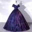 Vintage / Retro Navy Blue Gradient-Color Prom Dresses 2022 Ball Gown Square Neckline Puffy Short Sleeve Backless Bow Sash Floor-Length / Long Formal Dresses