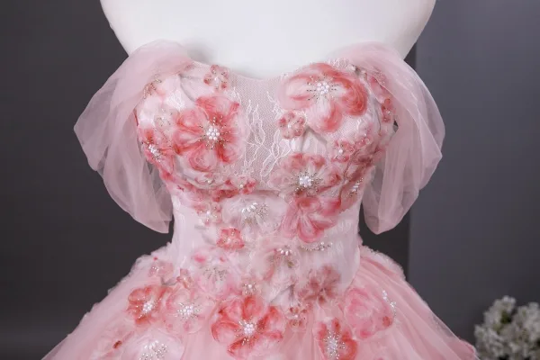 Flower Fairy Blushing Pink Beading Appliques Cascading Ruffles Prom Dresses 2025 Ball Gown Strapless Sleeveless Backless Floor-Length / Long Formal Dresses